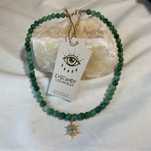 Eyecandy Los Angeles Jewelry - Agate Sun Pendant Necklace Eyecandy Los Angeles Green 18K Gold Jewelry Healing